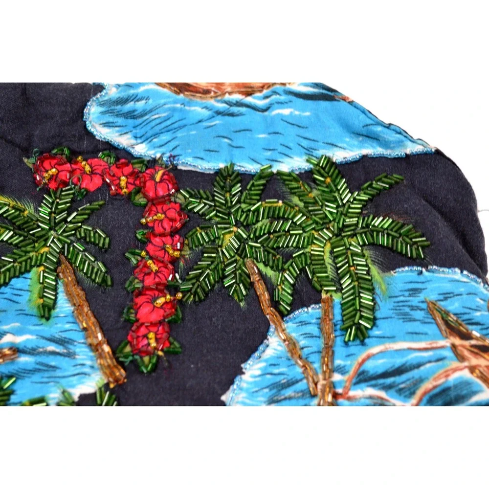Hawaiian Purse Double Bamboo Handles Hibiscus‎ Floral Catamaran Beaded Fringe